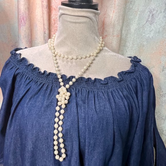 📌Terra & Sky Denim Dress with Smocked Neckline Wear On or Off Shoulders - Picture 5 of 13